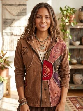 Kathmandu Boho Patchwork Embroidered Zip-Front Jacket in Brown